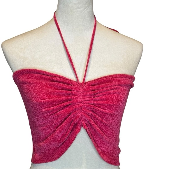 Urban Outfitters Hot Pink Ruched Front Tie Back Cropped Bandeau Size Small - Picture 1 of 15